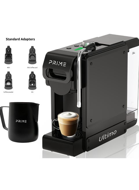 PRIME 7 in 1 Multifunction Espresso Coffee Machine -Milk Foam Nozzle for Milky Coffee drinks, Coffee Machine with 1 L Water Tank, 4 Optional Adaptors, 350 ml milk pitcher included, All types of capsules & Ground espresso , Cold Brew Feature, all in One Coffee Machine