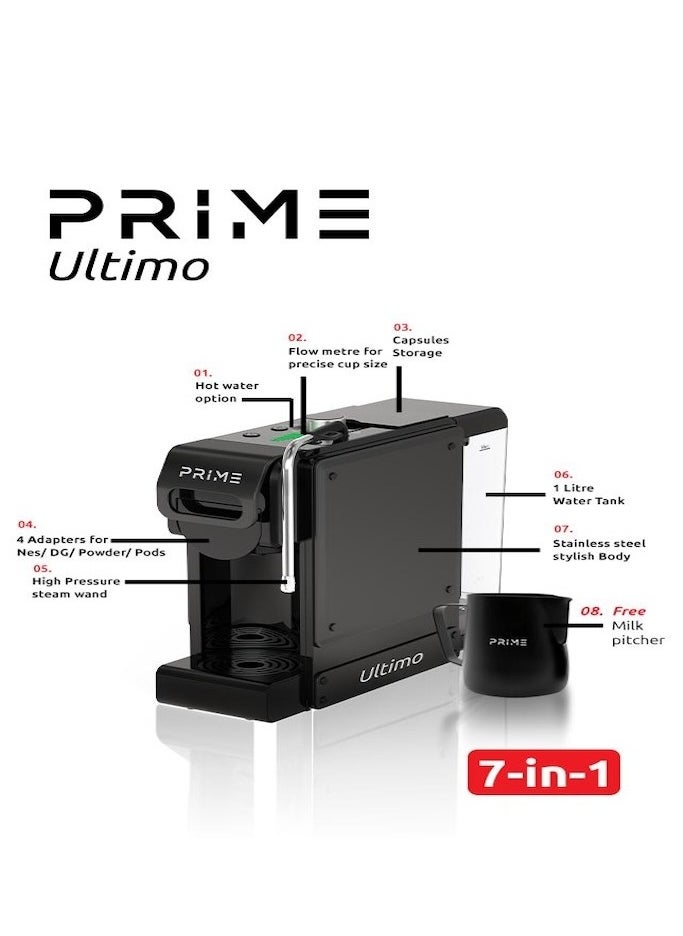 PRIME TECH - PRIME 7 in 1 Multifunction Espresso Coffee Machine -Milk Foam Nozzle for Milky Coffee drinks, Coffee Machine with 1 L Water Tank, 4 Optional Adaptors, 350 ml milk pitcher included, All types of capsules & Ground espresso , Cold Brew Feature, all in One Coffee Machine - Image 1