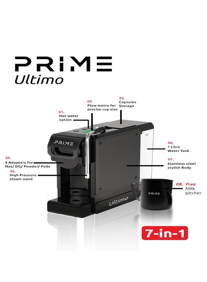 برايم تيك برايم التيمو ماكينة القهوة 7 في 1 – مكينه كوفي وماكينة تحضير القهوة متعددة الكبسولات والبن المطحون للاستخدام المنزلي، مع نظام تبخير الحليب، تحضير سريع، تصميم مدمج - Image 3