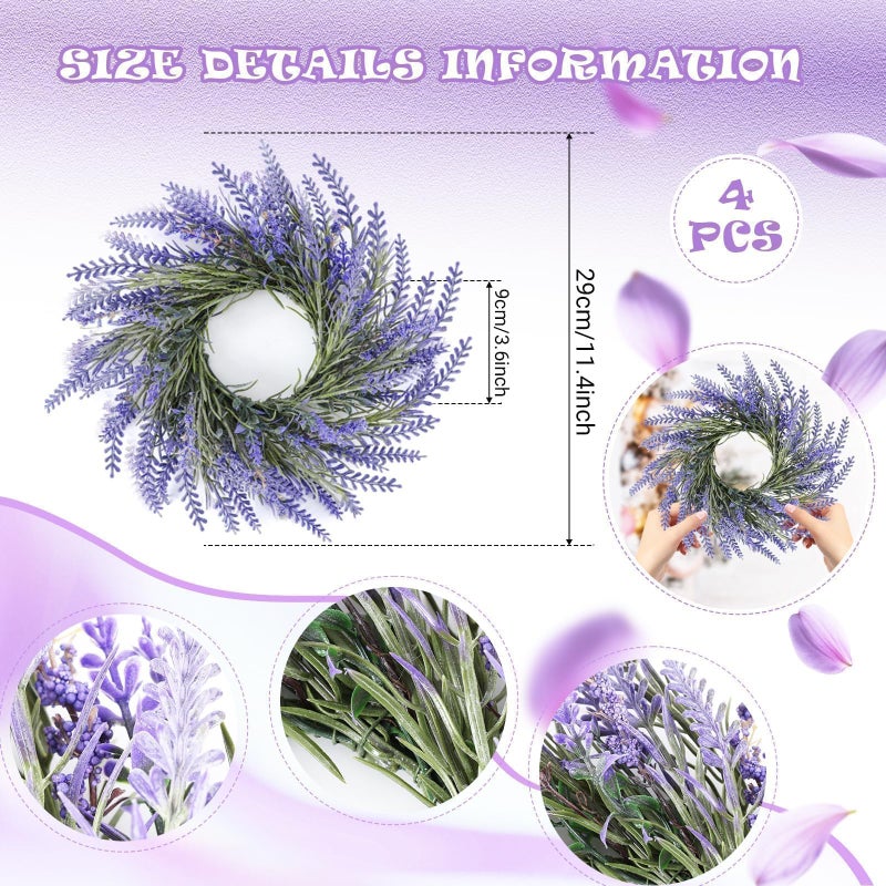 YLOLUL 4 Pcs Lavender Candle Rings Wreaths Mini Purple Wreath Table Centerpieces 3 Inch Floral Wedding Ring Wreaths Pillar Lavender Candle Holder for Spring Summer Home Door Party Decoration - Image 3