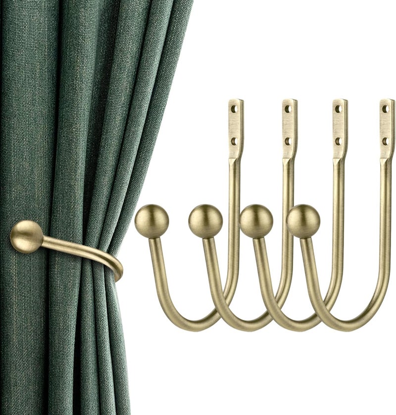 gobutend Curtain Holdbacks, 4pcs Curtains Holder Wall Mounted Drapery Tiebacks Retro Window Hook for Home Decor, Antique Brass - Image 1