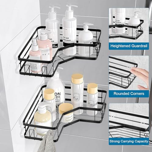 JIALTO 2 Pcs Bathroom Corner Shelves, Metal Bathroom Shelf for Wall, Black Bathroom Organiser, Wall Mounted Bathroom Rack and Corner (Black) - Image 2