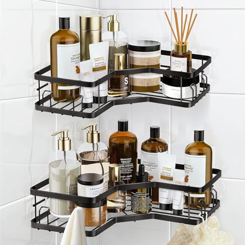JIALTO 2 Pcs Bathroom Corner Shelves, Metal Bathroom Shelf for Wall, Black Bathroom Organiser, Wall Mounted Bathroom Rack and Corner (Black) - Image 1