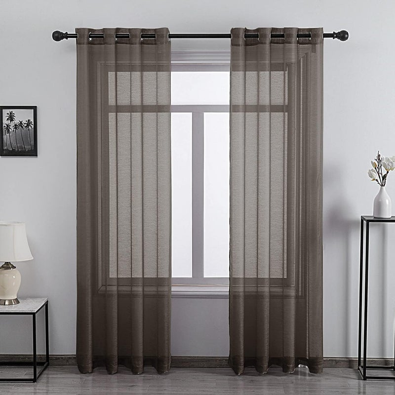DONREN Chocolate Brown Texured Sheer Curtains Living Room Curtain - 96 inch Length Transparent Voile Drapes Grommet Window Treatment 2 Panels - Image 1