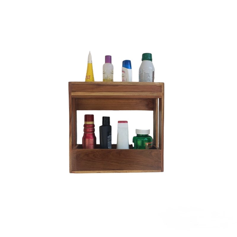 TEAKWOODKART Teakwood Make Bathroom Utility Shampoo Rack, Shelves with Natural Teakwood Brown Color, L 12 x B 4.5 x H 11 inches, BT013  - Image 1