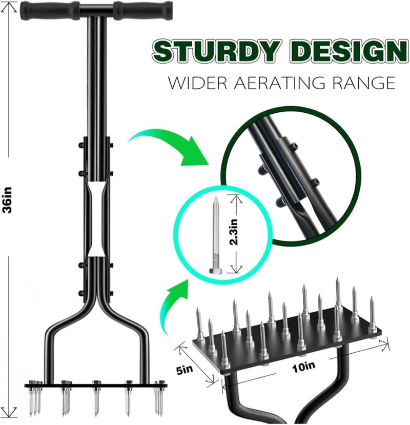 ROUNY Lawn Aerator Spike Metal Manual DethAatching Soil Aerating Lawn with 15 Iron Spikes, Pre-Assembled Grass Aerator Tools for Yard, Lawn Aeration, Garden Tool, Revives Lawn Health. - Image 2