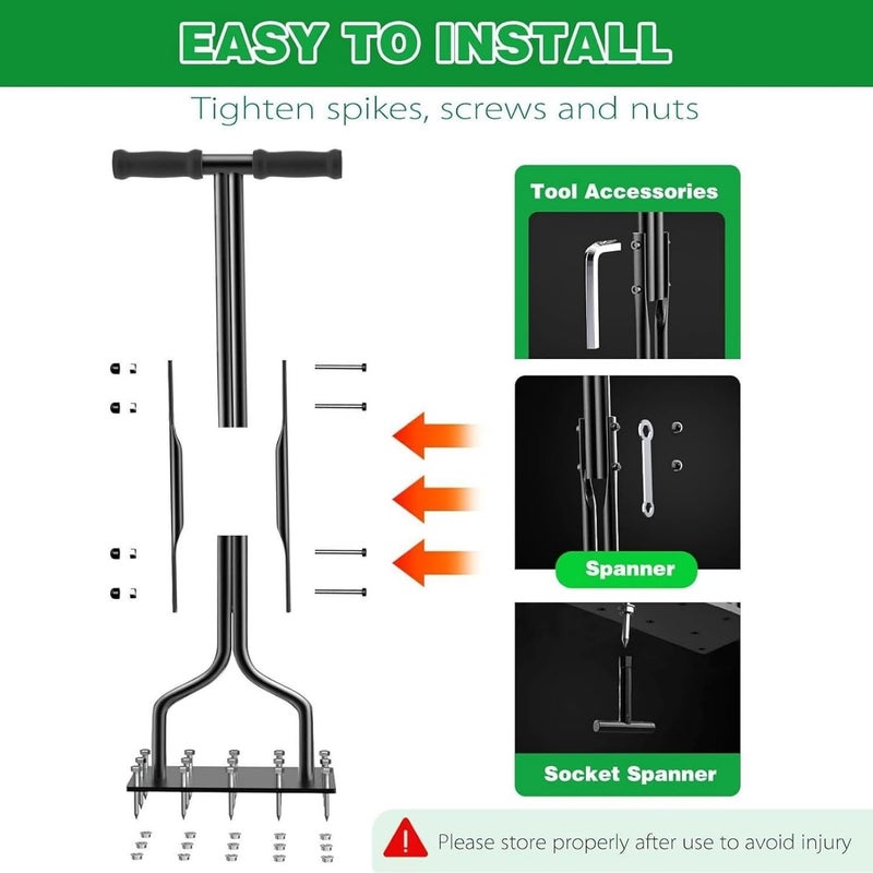 ROUNY Lawn Aerator Spike Metal Manual DethAatching Soil Aerating Lawn with 15 Iron Spikes, Pre-Assembled Grass Aerator Tools for Yard, Lawn Aeration, Garden Tool, Revives Lawn Health. - Image 3