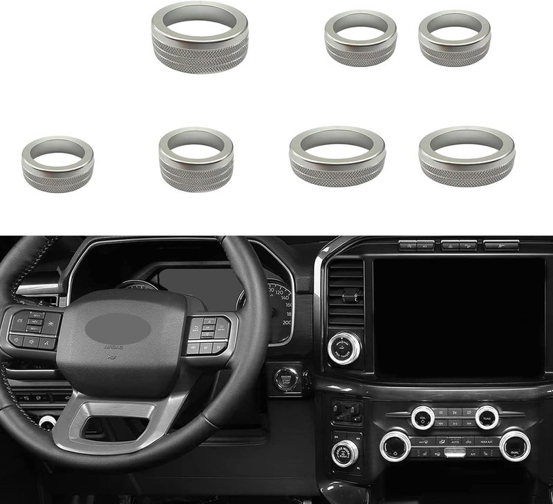 Keptrim for Ford F150 2021 2022 2023 2024 2025 Knob Air Conditioner Switch & Trailer & 4WD & VOL & Headlight Button Ring Trim, Silver Aluminum, 7pcs - Image 1