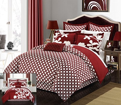 Chic Home 7 Piece Iris Reversible Large Scale Floral Design Printed with Diamond Pattern Reverse Comforter Set, Queen, Red - Image 2