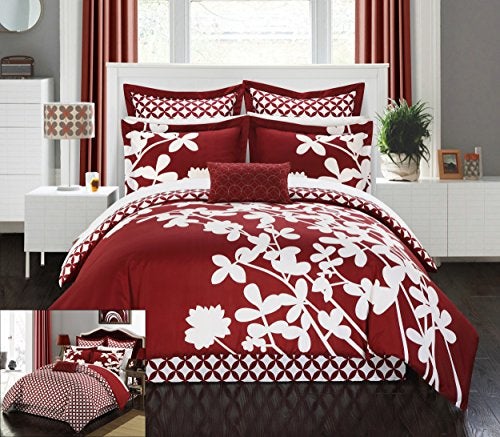 Chic Home 7 Piece Iris Reversible Large Scale Floral Design Printed with Diamond Pattern Reverse Comforter Set, Queen, Red - Image 1