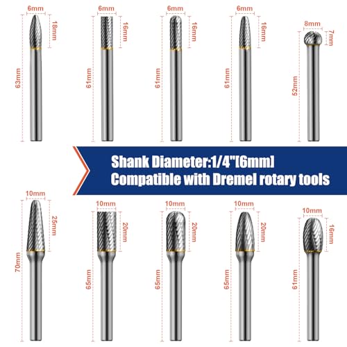 LuMuank 10pcs Die Grinder Bits w/ 1/4" Shank, Tungsten Carbide Burr Set for Metal Steel Stone Wood Working Grinding Carving Engraving Deburring Cutting Porting - Image 4