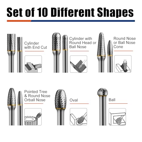 LuMuank 10pcs Die Grinder Bits w/ 1/4" Shank, Tungsten Carbide Burr Set for Metal Steel Stone Wood Working Grinding Carving Engraving Deburring Cutting Porting - Image 5