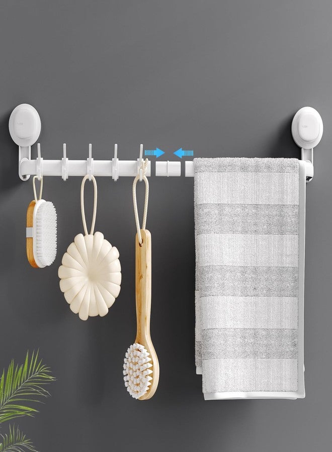 LUXEAR Suction Cup Towel Bar, 24 inches Adjustable Towel Rack Holder, No Drill & Removable Bathroom Towel Holder with 5 Sliding Hooks, Wall Mounted Towel Hanger for Shower Room, Kitchen, Door - White - Image 1
