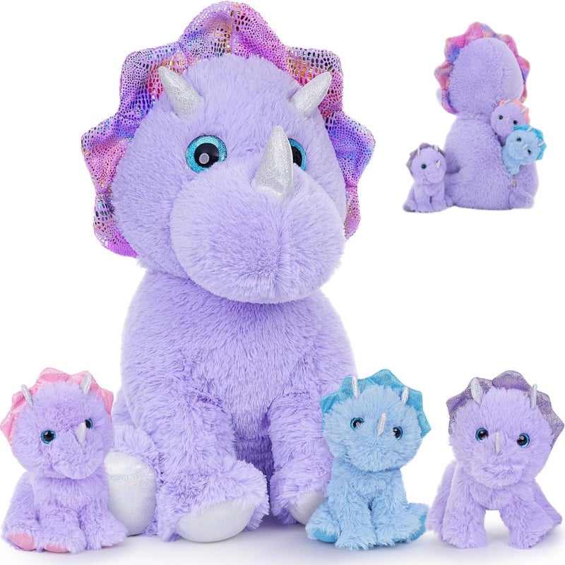 MaoGoLan Triceratops Stuffed Animal 21 Purple Mommy Dinosaur Stuffed Animal with 3 Babies Giant Dinosaur Plush Pillow Toy Set for Birthday Gift for Kids - Image 3