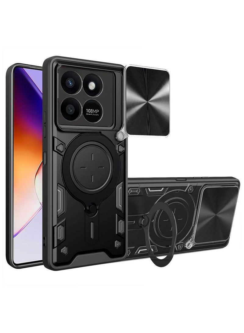 SanHu for Honor X7d 4G/5G Case, Slide Camera Lens Cover, Magnetic Ring Holder Kickstand Protective Phone Case for Honor X7d 4G/5G, Black - Image 1
