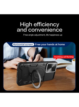 for Honor X7d 4G/5G Case, Slide Camera Lens Cover, Magnetic Ring Holder Kickstand Protective Phone Case for Honor X7d 4G/5G, Black - view 3
