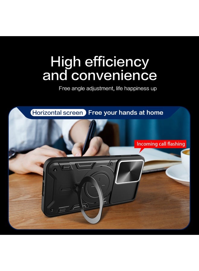 SanHu for Honor X7d 4G/5G Case, Slide Camera Lens Cover, Magnetic Ring Holder Kickstand Protective Phone Case for Honor X7d 4G/5G, Black - Image 3