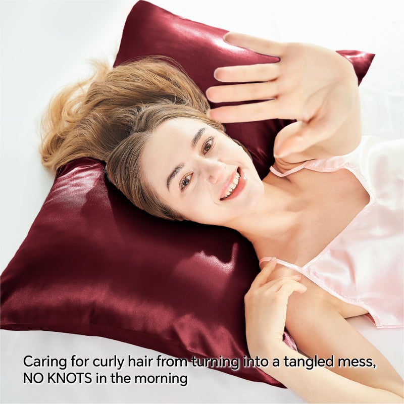 بيديليت وسادة ساتين بيدليت مع حالات وسادة السوستة البورغوندي بحجم كوين مجموعة من 2 ناعم وتبريد مماثل من حالات وسادة الحرير الهدية للنساء الرجال (20x30 بوصة) - Image 4