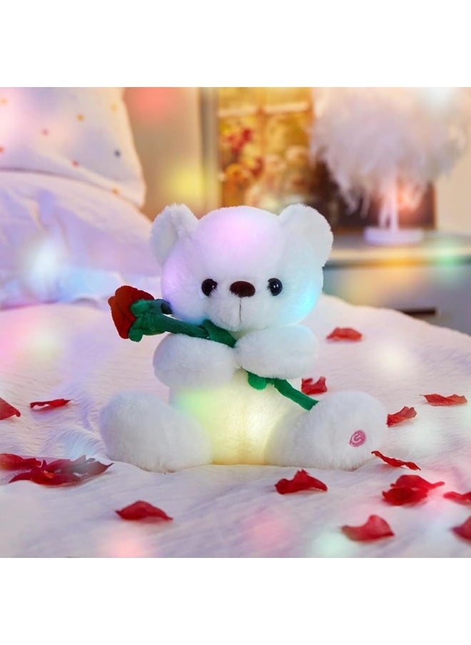 Houwsbaby - Houwsbaby Glow Teddy Bear with Rose Stuffed Animal for Graduate Soft Light Up Plush Toy LED Night Lights Valentineâ€™s Day Gifts for Kids Toddler Girlfriend, White, 10.5'' - Image 1