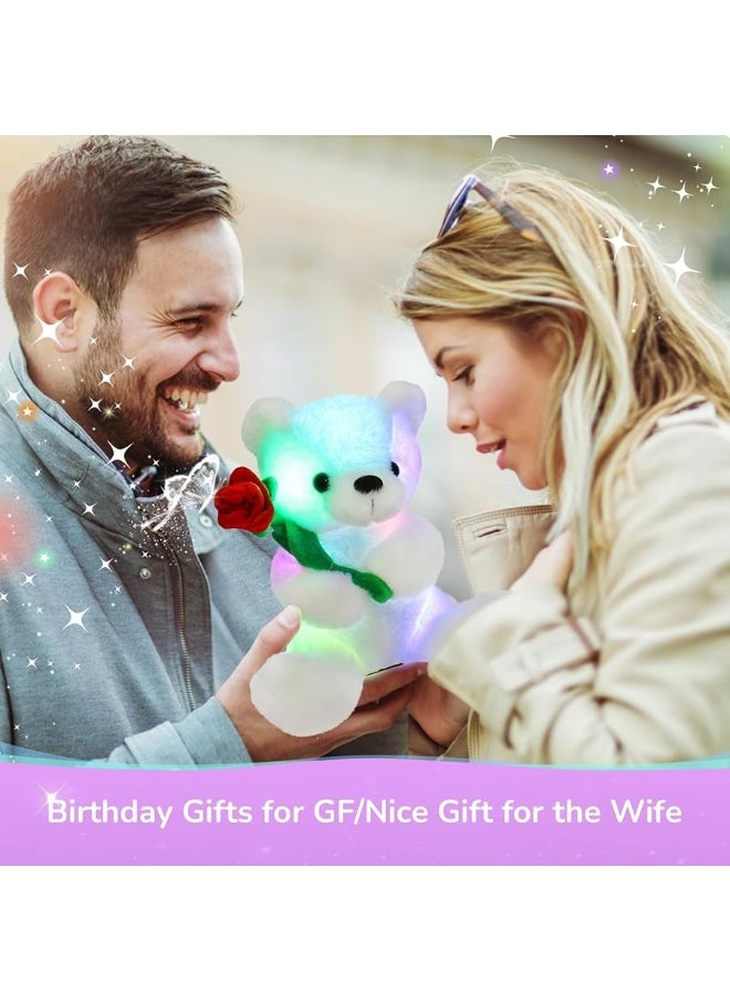 Houwsbaby - Houwsbaby Glow Teddy Bear with Rose Stuffed Animal for Graduate Soft Light Up Plush Toy LED Night Lights Valentineâ€™s Day Gifts for Kids Toddler Girlfriend, White, 10.5'' - Image 1