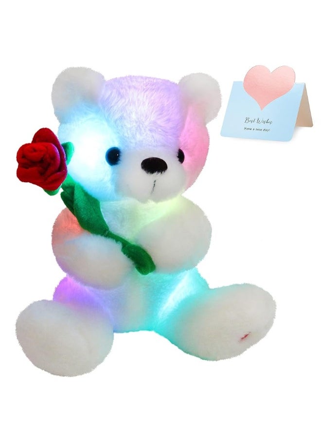 Houwsbaby - Houwsbaby Glow Teddy Bear with Rose Stuffed Animal for Graduate Soft Light Up Plush Toy LED Night Lights Valentineâ€™s Day Gifts for Kids Toddler Girlfriend, White, 10.5'' - Image 1