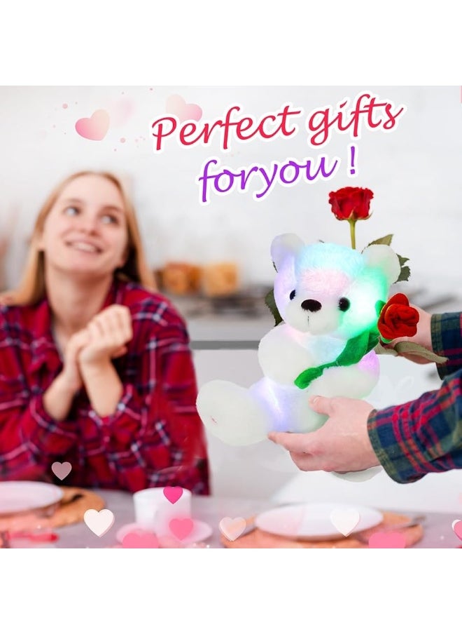 Houwsbaby - Houwsbaby Glow Teddy Bear with Rose Stuffed Animal for Graduate Soft Light Up Plush Toy LED Night Lights Valentineâ€™s Day Gifts for Kids Toddler Girlfriend, White, 10.5'' - Image 1