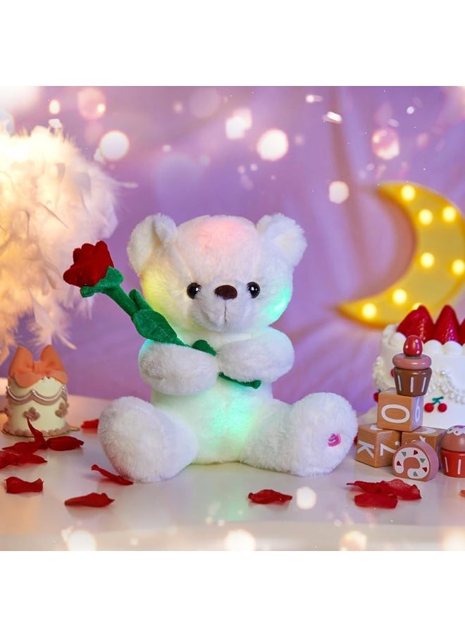 Houwsbaby - Houwsbaby Glow Teddy Bear with Rose Stuffed Animal for Graduate Soft Light Up Plush Toy LED Night Lights Valentineâ€™s Day Gifts for Kids Toddler Girlfriend, White, 10.5'' - Image 1