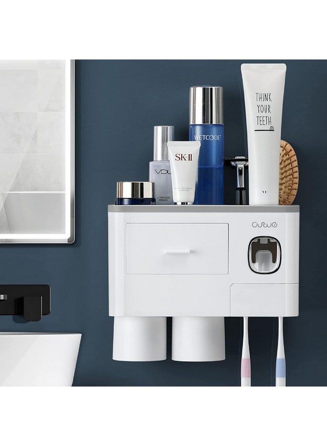 TYZAG Plastic Toothbrush Holder Wall Mounted, Toothbrush Holders for Bathroom, Toothpaste Dispenser with 6 Toothbrush Holder Hook (2 Cup), White - Image 1