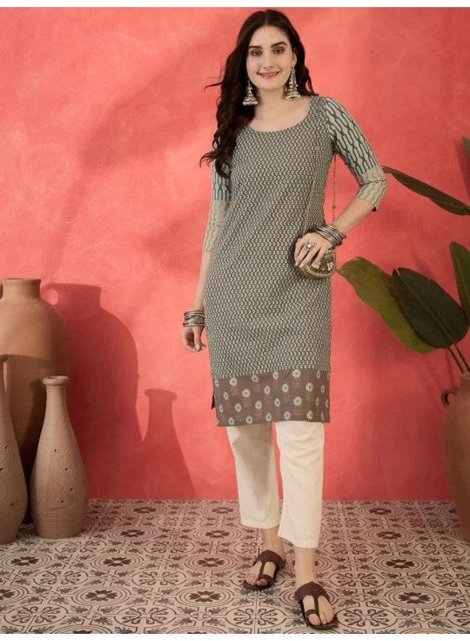 AKS Grey Printed Cotton Straight Kurta