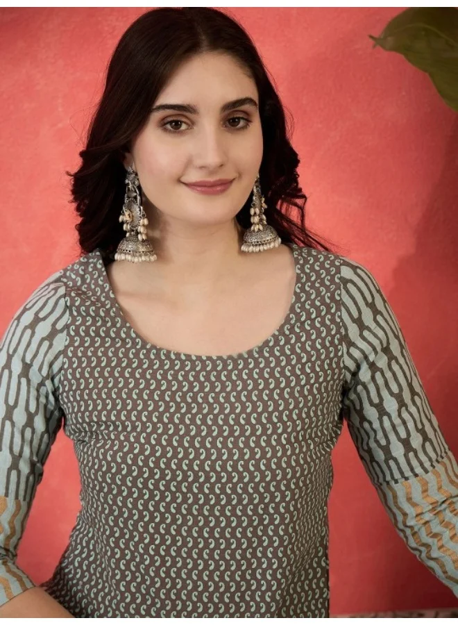 AKS Grey Printed Cotton Straight Kurta
