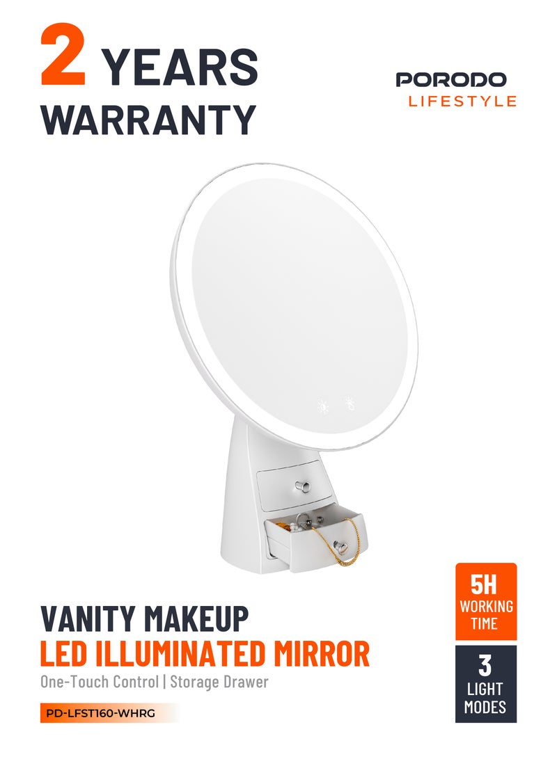 بورودو مرآة مكياج بإضاءة LED مع درج تخزين وتحكم بلمسة واحدة / سطوع قابل للتعديل / مرآة LED قابلة لإعادة الشحن للمكياج والتجميل - أبيض وردي ذهبي - Image 1