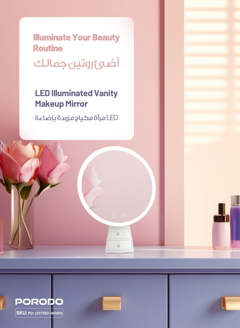 بورودو مرآة مكياج بإضاءة LED مع درج تخزين وتحكم بلمسة واحدة / سطوع قابل للتعديل / مرآة LED قابلة لإعادة الشحن للمكياج والتجميل - أبيض وردي ذهبي - Image 3
