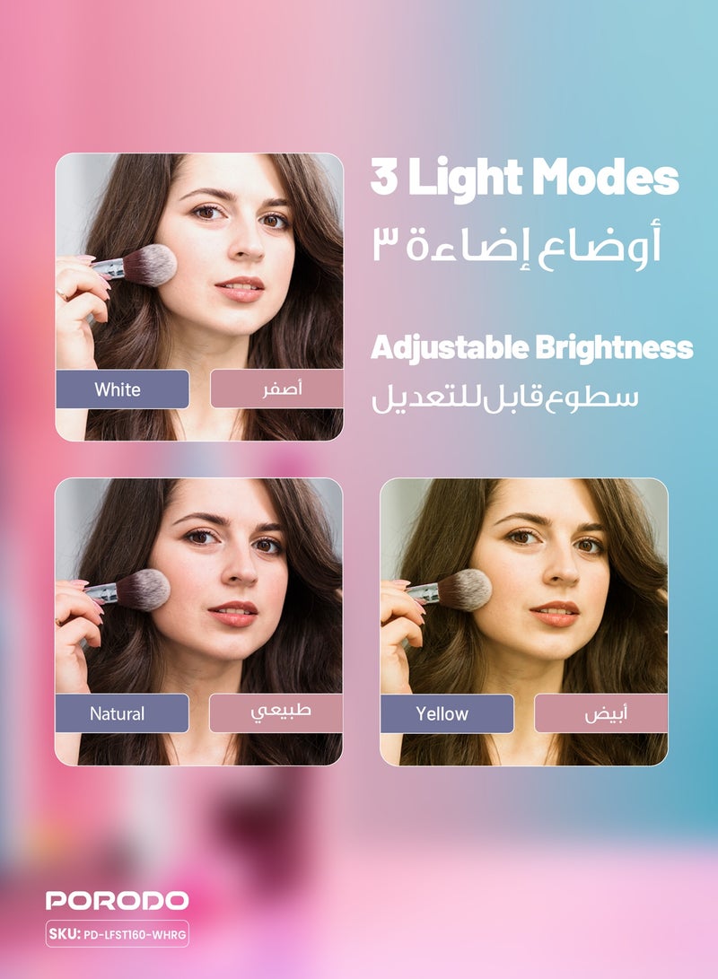 بورودو مرآة مكياج بإضاءة LED مع درج تخزين وتحكم بلمسة واحدة / سطوع قابل للتعديل / مرآة LED قابلة لإعادة الشحن للمكياج والتجميل - أبيض وردي ذهبي - Image 5