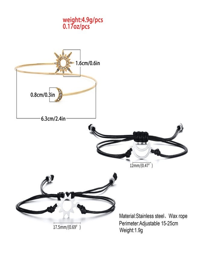 YouU 3 pcs Sun Moon Style Adjustable Couple Bracelet Boho Simple Metal Women Upper Arm Bangle Star Moon Open Cuff Armband Armlet Jewelry - Image 2