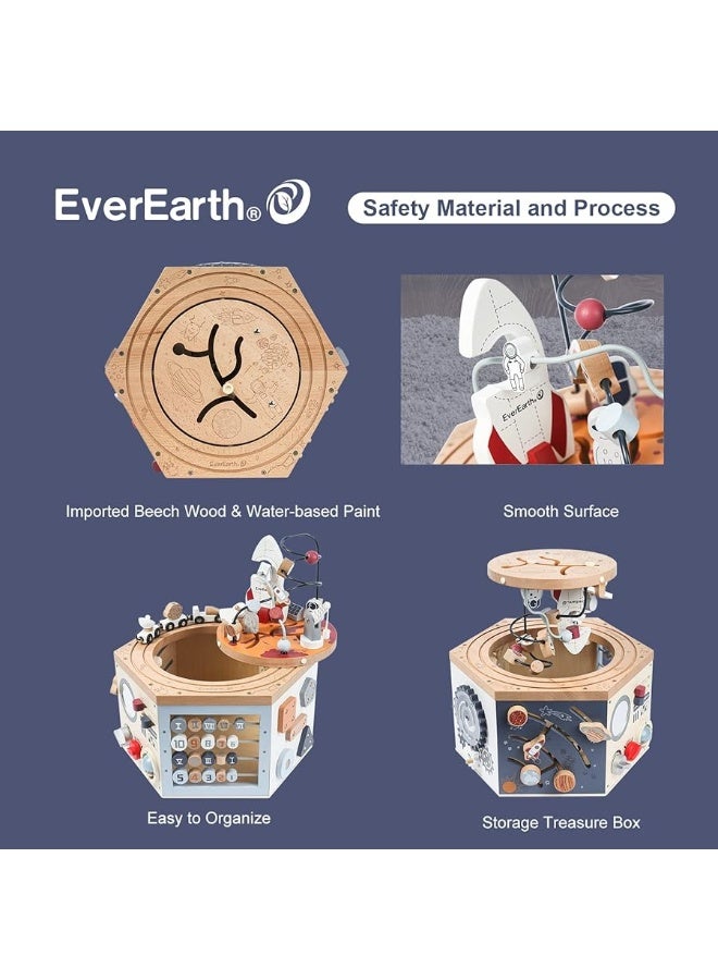 EverEarth Wooden Activity Cube with Bead Maze, Space Activity Cube for Toddlers 1-3 Girls Boys Montessori Cube Multi Play Educational Learning Activity Cube Toddler Toy Wood Shape Color Sorter - Image 1