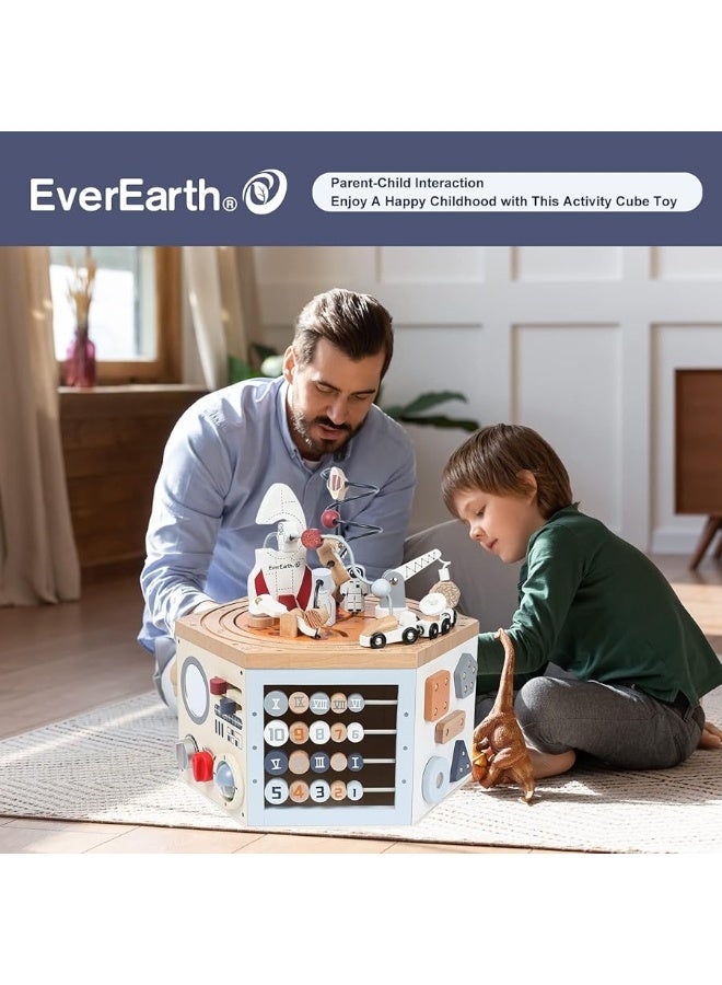 EverEarth Wooden Activity Cube with Bead Maze, Space Activity Cube for Toddlers 1-3 Girls Boys Montessori Cube Multi Play Educational Learning Activity Cube Toddler Toy Wood Shape Color Sorter - Image 3