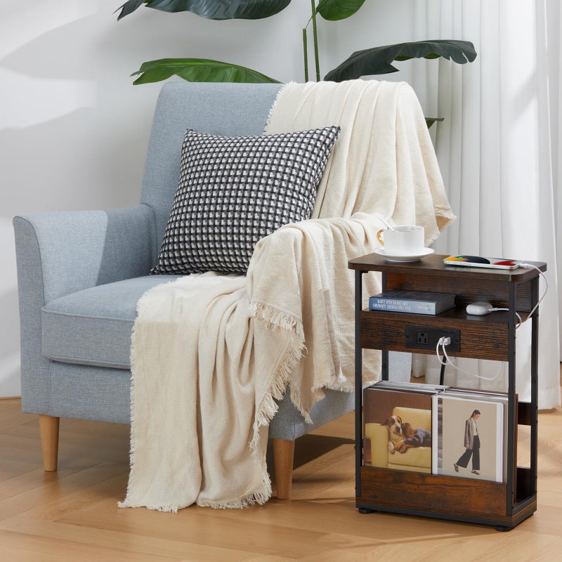 YEAKOO Narrow Side Table With Charging Station, 3-Tier End Table with 2 USB Ports & Power Outlets,Thin Sofa Side Table for Narrow and Small Spaces, Bedside Table Nightstand for Living Room,Rustic Brown - Image 2
