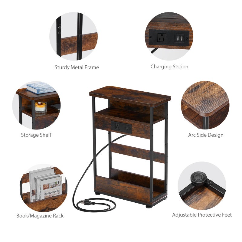 YEAKOO Narrow Side Table With Charging Station, 3-Tier End Table with 2 USB Ports & Power Outlets,Thin Sofa Side Table for Narrow and Small Spaces, Bedside Table Nightstand for Living Room,Rustic Brown - Image 4