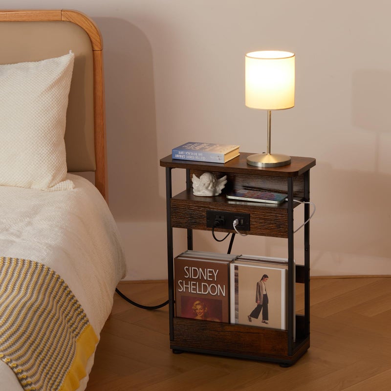 YEAKOO Narrow Side Table With Charging Station, 3-Tier End Table with 2 USB Ports & Power Outlets,Thin Sofa Side Table for Narrow and Small Spaces, Bedside Table Nightstand for Living Room,Rustic Brown - Image 5
