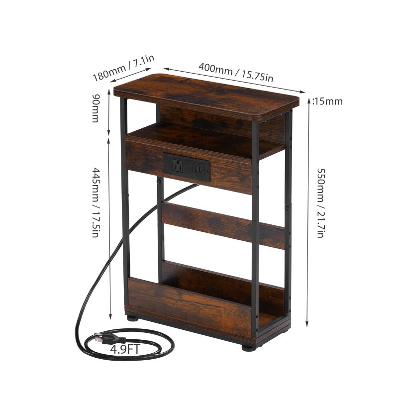 YEAKOO Narrow Side Table With Charging Station, 3-Tier End Table with 2 USB Ports & Power Outlets,Thin Sofa Side Table for Narrow and Small Spaces, Bedside Table Nightstand for Living Room,Rustic Brown - Image 3