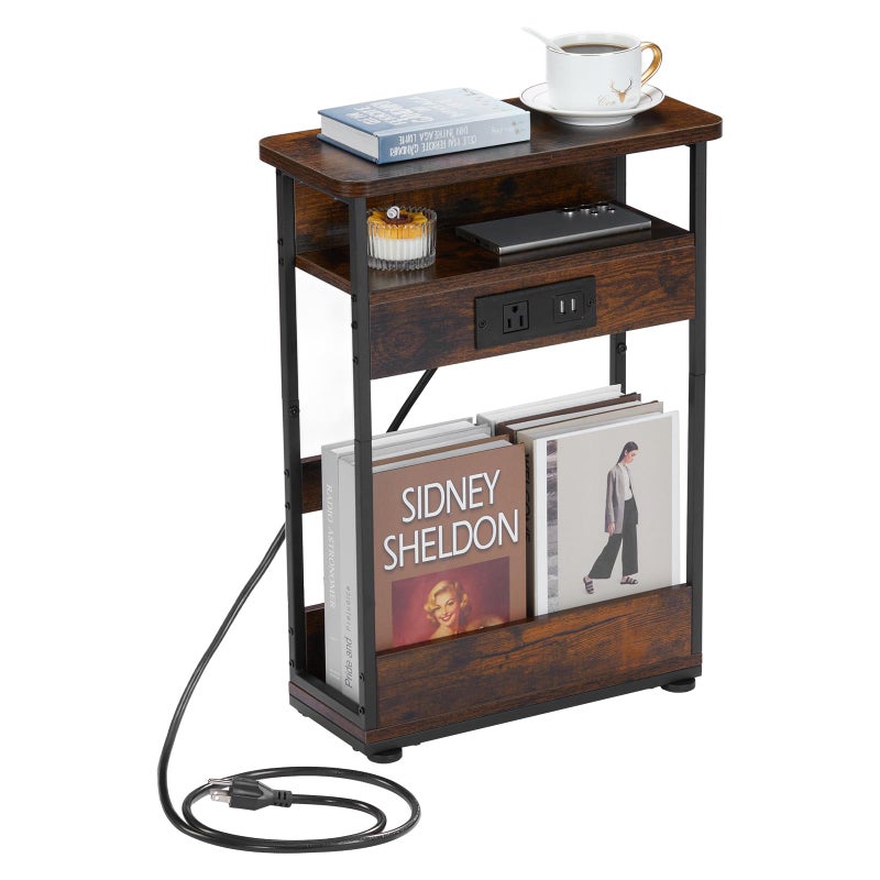 YEAKOO Narrow Side Table With Charging Station, 3-Tier End Table with 2 USB Ports & Power Outlets,Thin Sofa Side Table for Narrow and Small Spaces, Bedside Table Nightstand for Living Room,Rustic Brown - Image 1