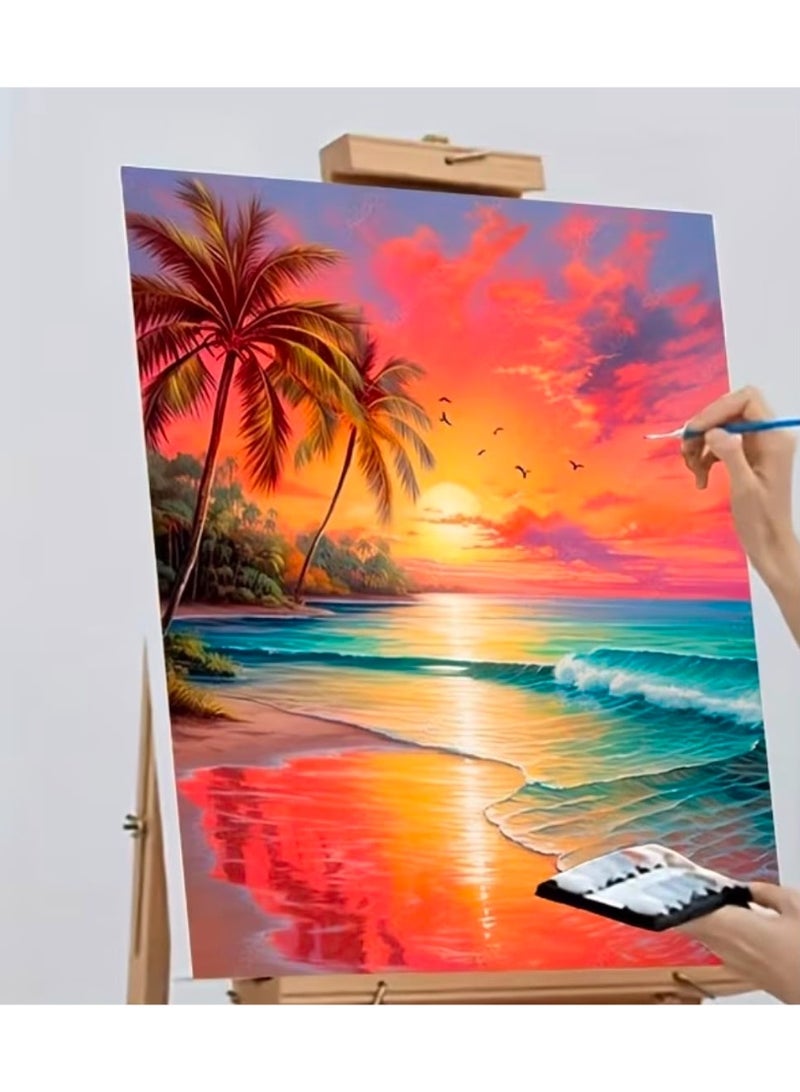 Paint by Numbers Kit – Tropical Sunset Beach with Palm Trees, Turquoise Ocean, Waves and Colorful Sky Reflections – Complete DIY Painting Set with Numbered Paints and 3 Brushes