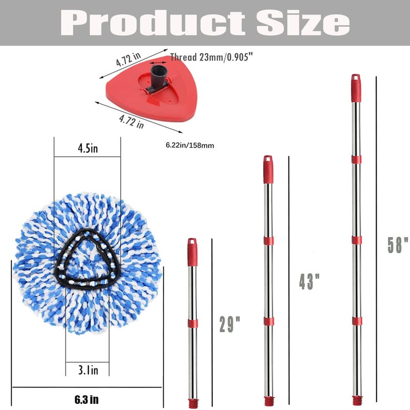 ANREKEYH Spin Mop Head, Base, Handle Replacement for O-ceda EasyWring RinseClean Microfiber Spin Mops, 2 Microfiber Mop Refills, 1 Triangle Head Cover and 30-58in Handle (Blue (2-Tank System)) - Image 4