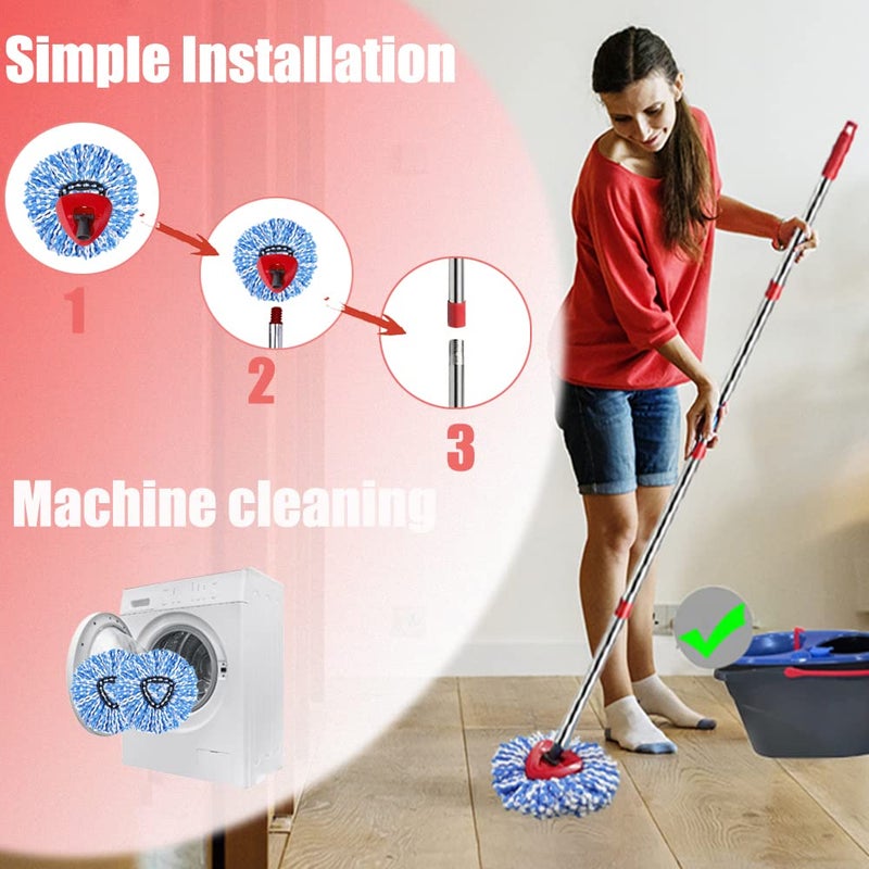 ANREKEYH Spin Mop Head, Base, Handle Replacement for O-ceda EasyWring RinseClean Microfiber Spin Mops, 2 Microfiber Mop Refills, 1 Triangle Head Cover and 30-58in Handle (Blue (2-Tank System)) - Image 3