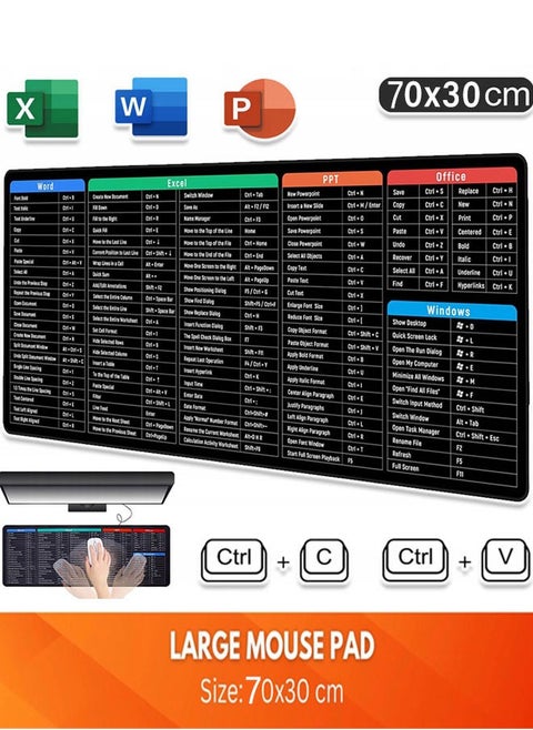 XL Large Gaming Mouse Pad Office Software Excel Shortcuts Mousepad, Non-Slip Desk Mat with Office Software Shortcuts Pattern, Mousepad with Personalized Design Extended Size 70X30cm For Office Users