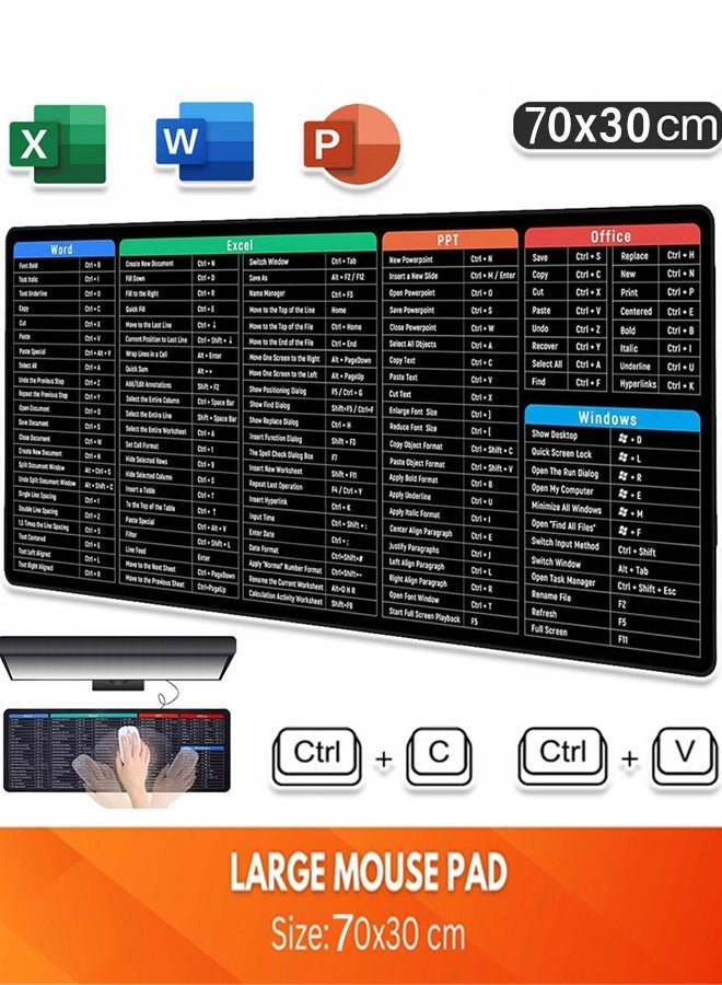 ماوس باد كبيرة للألعاب مع اختصارات برامج Office Excel، لوحة ماوس غير قابلة للانزلاق مع نمط اختصارات برامج Office، لوحة ماوس بتصميم شخصي بحجم ممتد 70 × 30 سم لمستخدمي المكاتب و برامج الاوفيس - Image 1