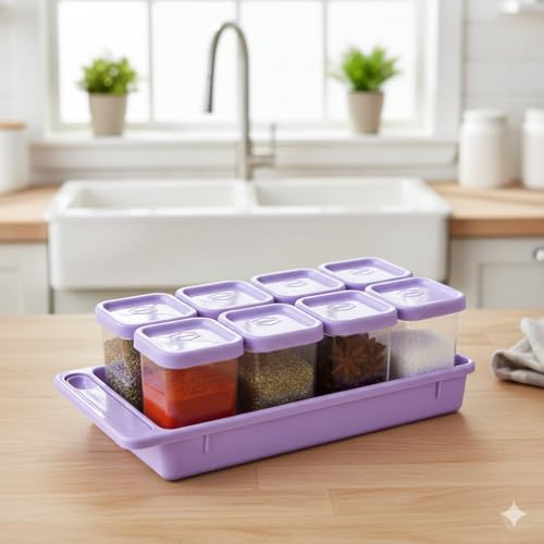 Gluman Plastic Masala Container Set With Organiser Tray And Spoon|Spice Organiser With Pre-Printed Sticker Labels|100% Food Grade|Dishwasher Safe|Freezer Safe|Microwave Safe|Reusable(Purple),Blue - Image 2