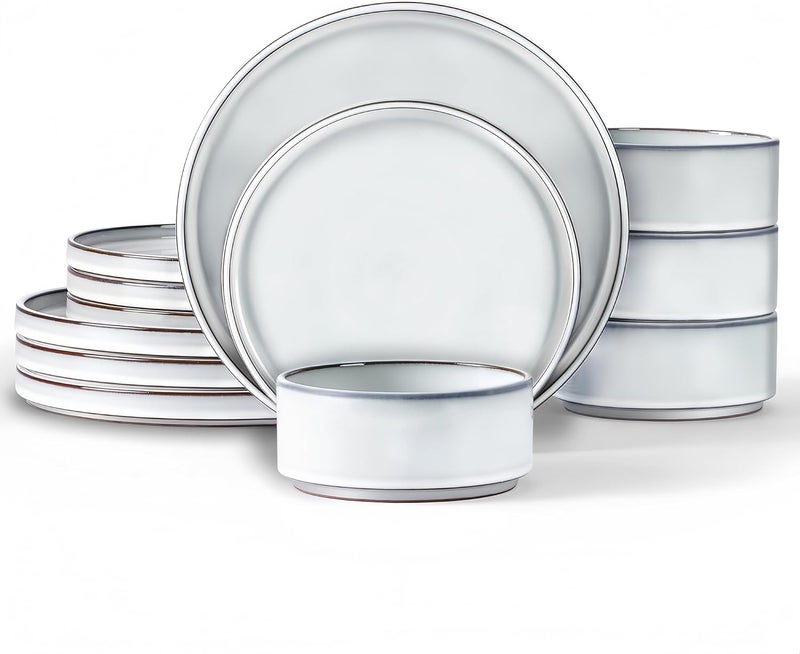 LIANYU Stoneware Dinnerware Dish Set for 4 12 Piece Ceramic Dinner Plates and Bowls Sets for Pasta Dessert Cereal Rustic Terracotta Bottom Microwave  Dishwasher Safe Lucent White - Image 1