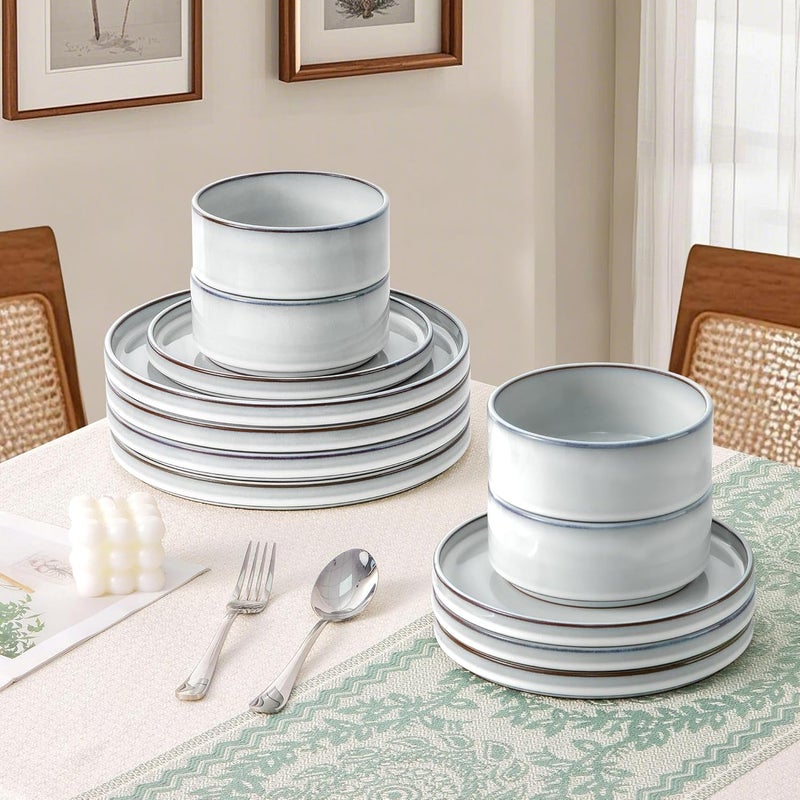 LIANYU Stoneware Dinnerware Dish Set for 4 12 Piece Ceramic Dinner Plates and Bowls Sets for Pasta Dessert Cereal Rustic Terracotta Bottom Microwave  Dishwasher Safe Lucent White - Image 4