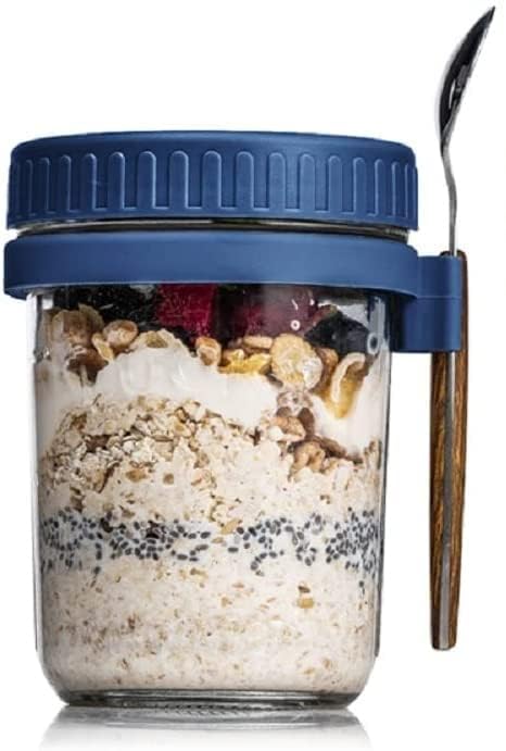 BLISS START Overnight Oats Containers with Lids and Spoons Glass Mason Jars for Overnight Oats Leak Proof Oatmeal Container Great for Cereal Fruit Vegetable Milk Salad Pack Of 1 - Image 1